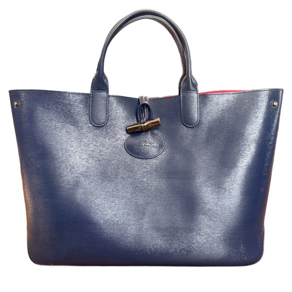 Longchamp Roseau Reversible Leather Tote Bag *peeling finish on navy side* - Picture 2 of 15